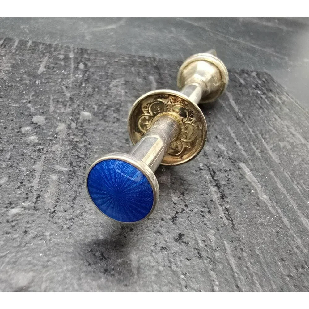 Vintage Silver Mechanical Sugar or Ice Tongs Blue Enamel Button Accents HS259